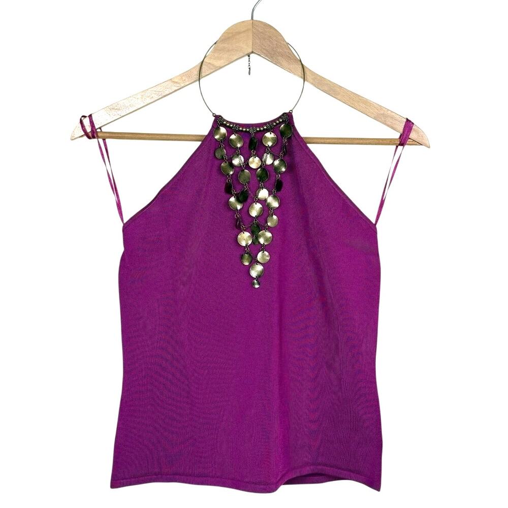 Ralph Lauren Glam Halter Top Metal Disc Embellished Vintage Y2K Fuchsia Size L
